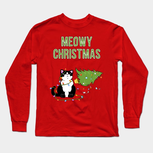 Meowy Christmas Tuxedo Cat Knocked Over Tree Long Sleeve T-Shirt by xenotransplant